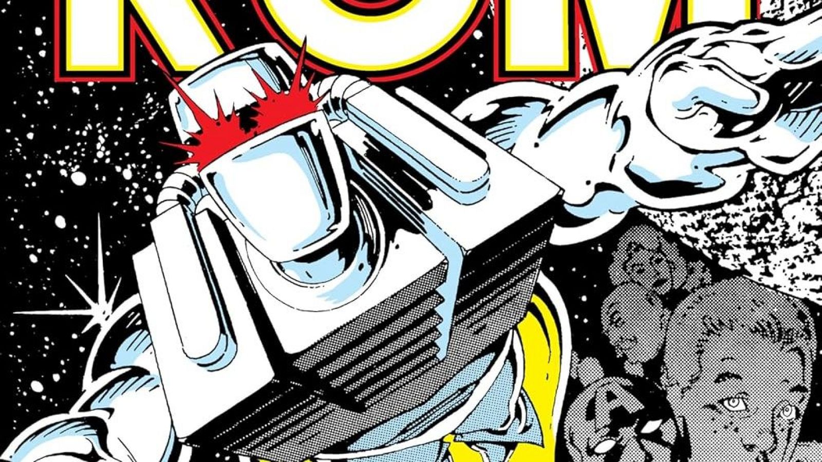 Portada de cómic con el personaje robótico Rom en primer plano, con energía roja saliendo de su costado. Fondo cósmico con figuras asustadas.