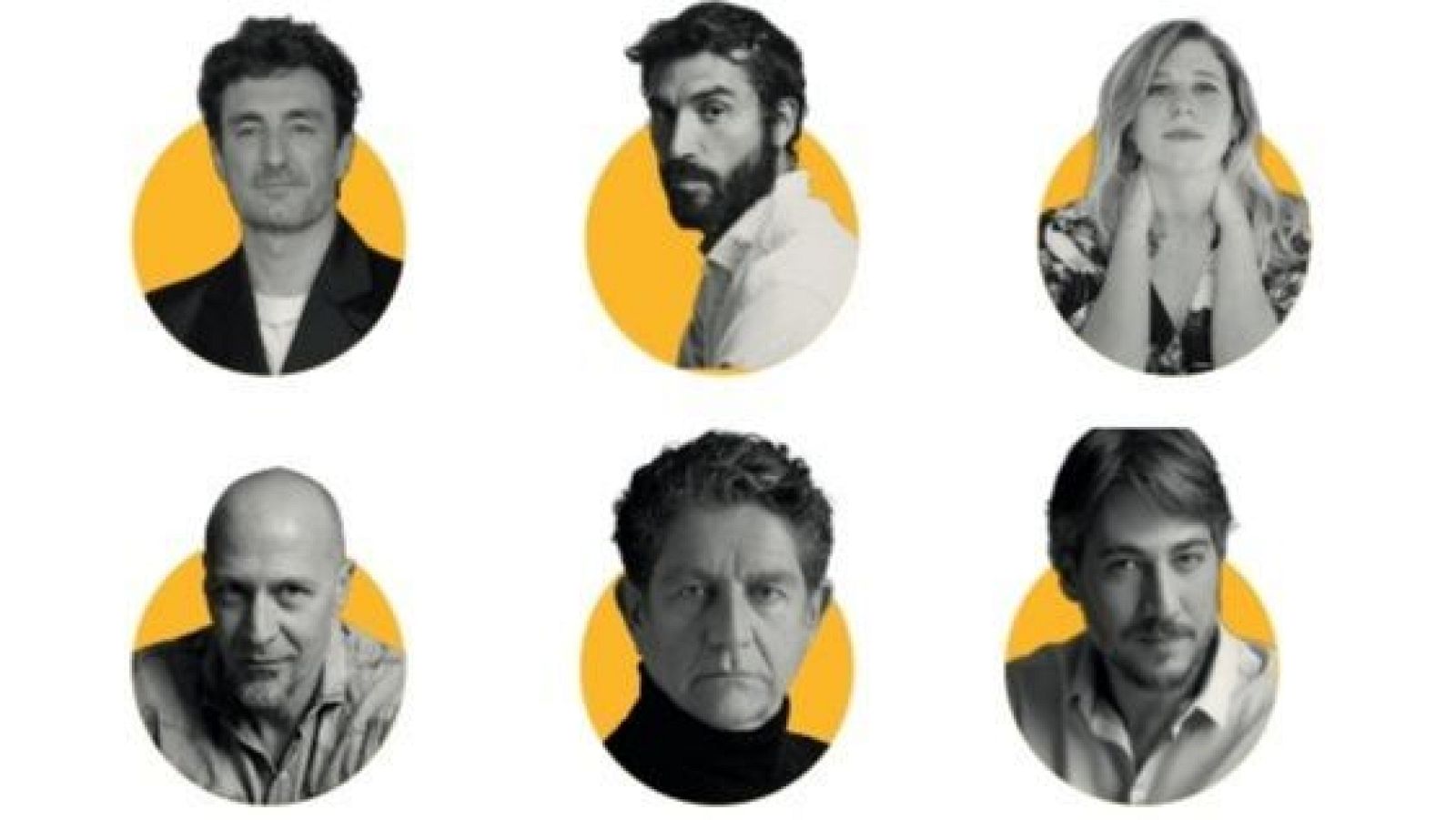 Seis retratos circulares en blanco y negro de actores españoles, rodeados por aros amarillos, sobre fondo blanco. Destacan Javier Gutiérrez, Antonio de la Torre, Anna Castillo, Karra Elejalde, Luis Tosar y Álvaro Cervantes.