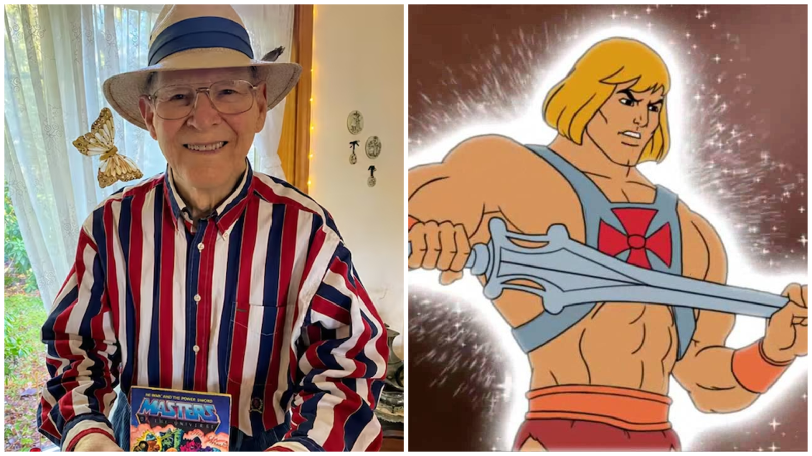 Díptico con Roger Sweet, creador de He-Man, sosteniendo su libro, y una ilustración de He-Man en pose de poder, conmemorando el legado del artista.