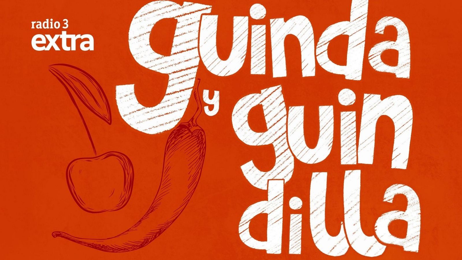 Logotipo de "GUINDA y GUINDILLA" sobre fondo naranja, con letras blancas texturizadas y dibujos de cereza y guindilla.