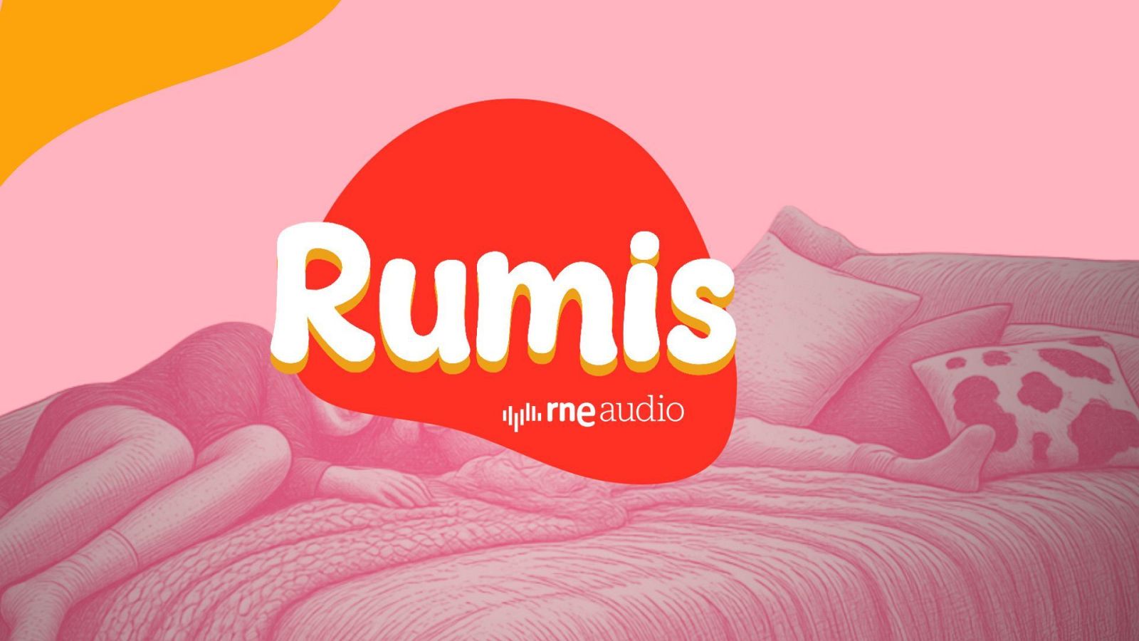 Ilustración de "Rumis" de RNE Audio: persona descansando en sofá con manta rosa y cojín estampado. Fondo rosa pálido con formas abstractas.