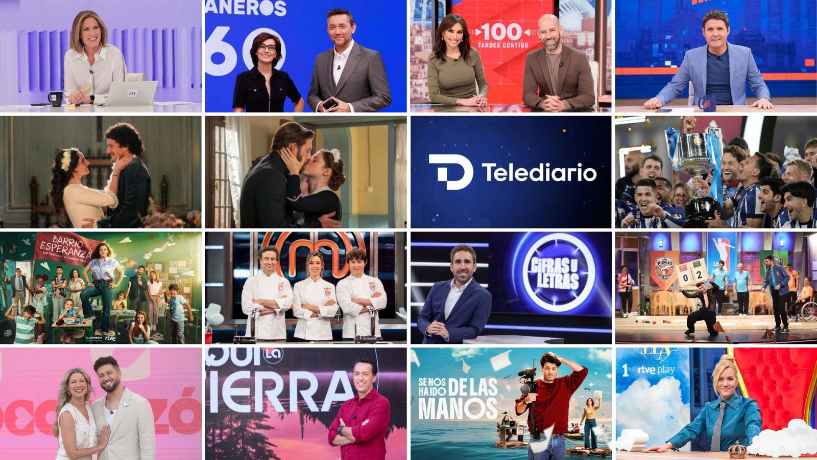 Collage de 16 fotos de programas y presentadores de TVE: Mariló Montero, Ana Blanco, Mónica López, Marc Calderó, series, Telediario, fútbol, MasterChef, Cifras y Letras, El Cazador, Anne Igartiburu, La Tierra, Se nos ha ido de las manos, Inés Hernand.