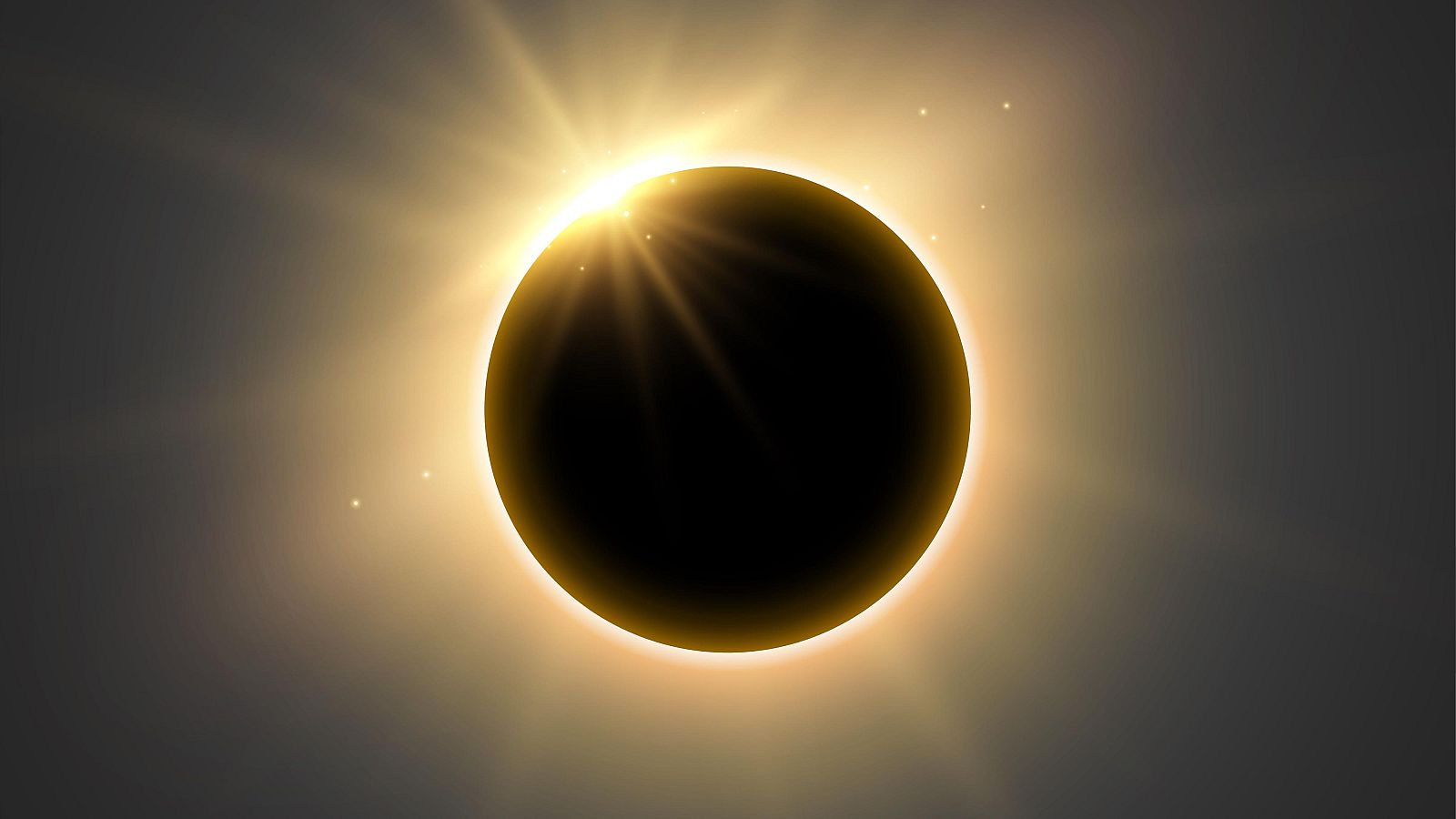Eclipse solar total con corona brillante y fondo espacial. Ilustración digital que muestra la Luna cubriendo el Sol, rodeada de un halo dorado y anaranjado.
