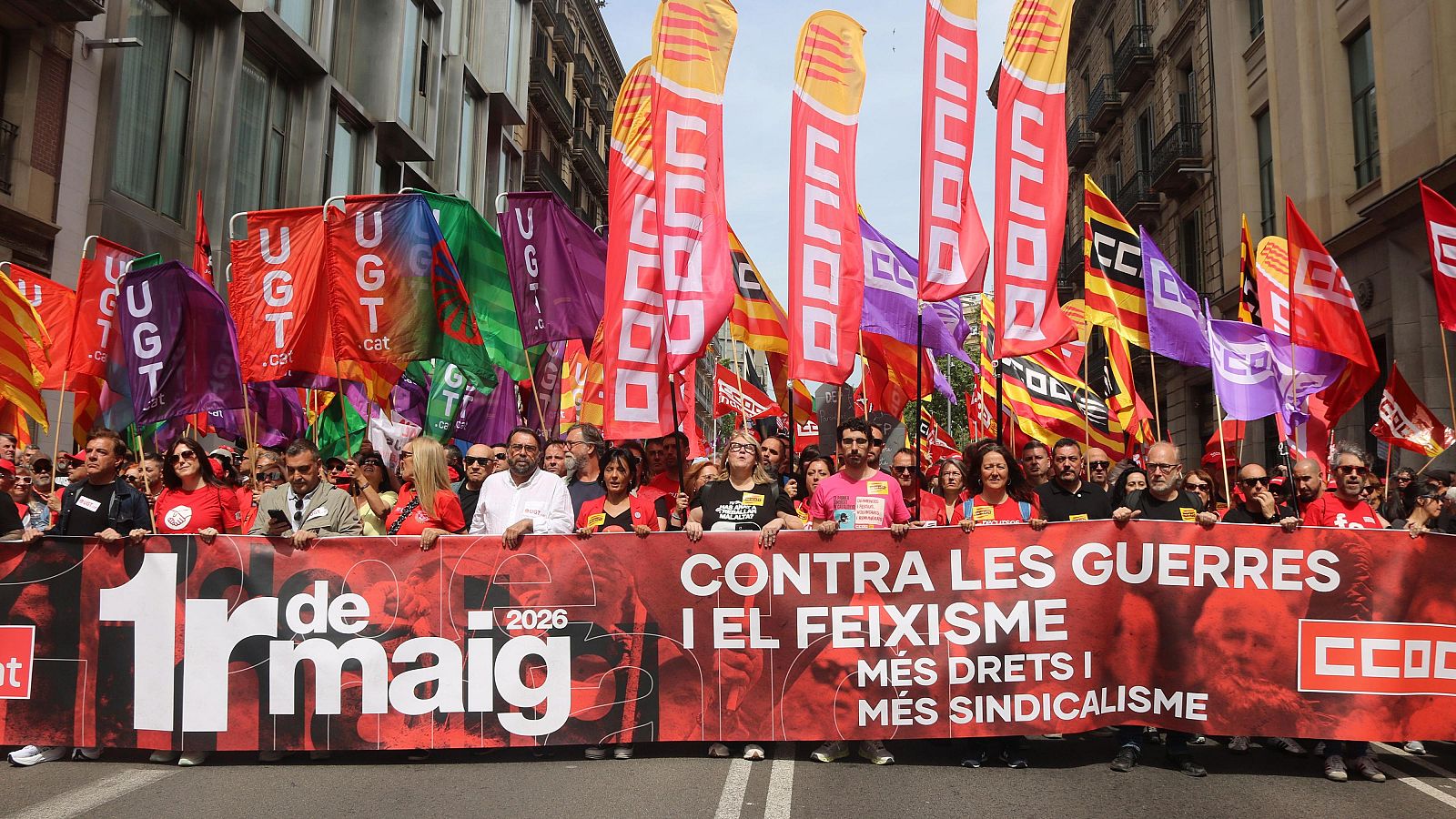 Capçalera de la manifestació del Primer de Maig convocada pels sindicats CCOO i UGT
