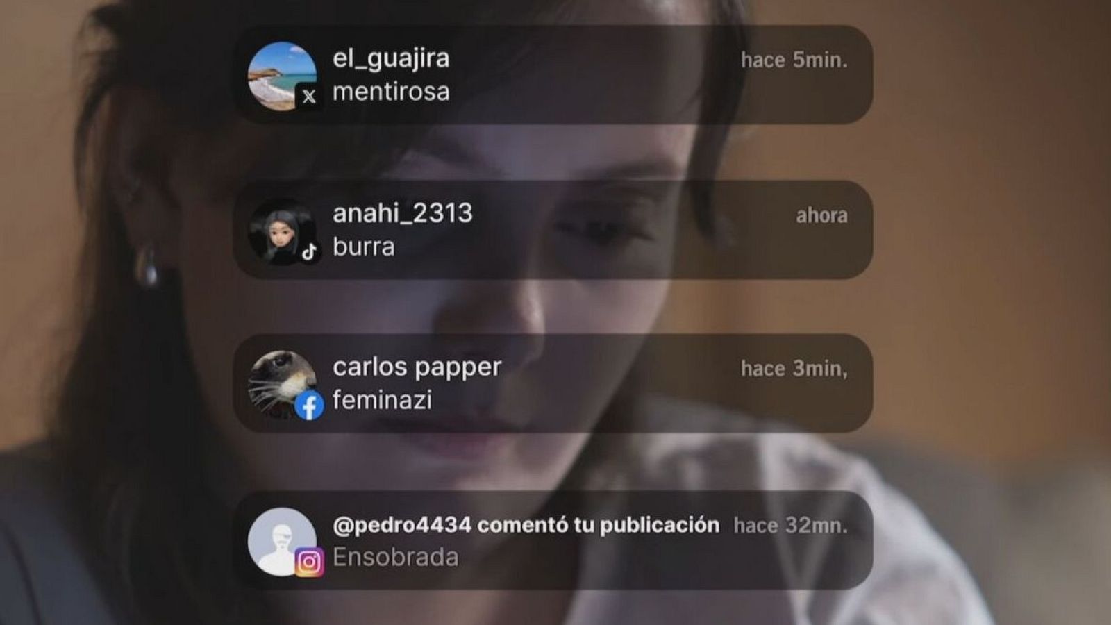 Notificaciones de redes sociales con insultos como "mentirosa", "burra", "feminazi" y "Ensobrada" se superponen a la figura desenfocada de una mujer, ilustrando el acoso online.