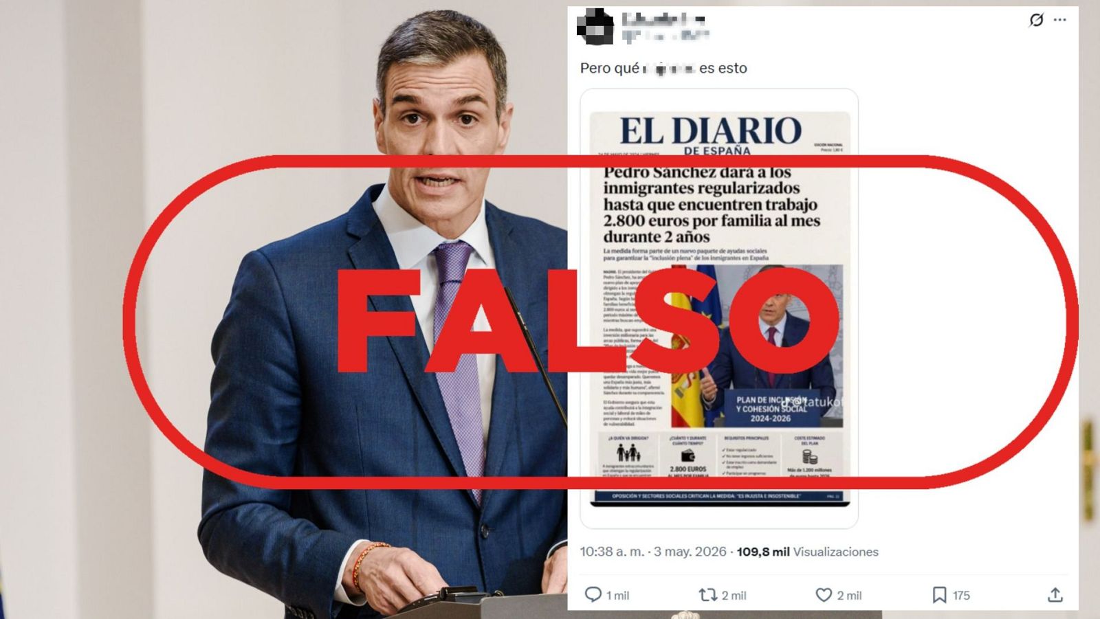 Falsa portada que asegura que Sánchez dará 2.800 euros a inmigrantes sin trabajo.