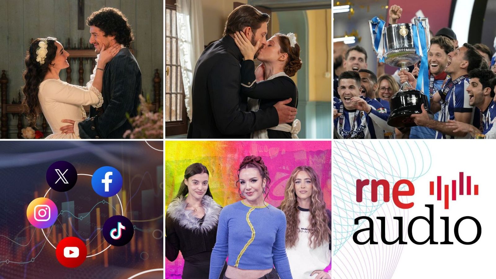 Collage de RTVE Digital: series de época, victoria del Betis en Copa del Rey, redes sociales, artistas del Benidorm Fest y logo de "rne audio".