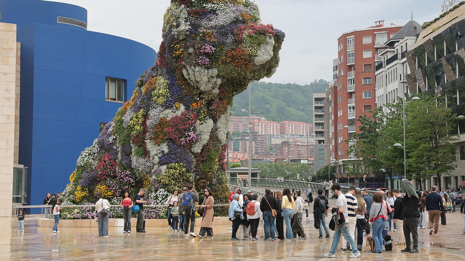 Turistas junto a la escultura de Puppy, en el museo Guggenheim de Bilbao, en el puente del primero de Mayo.