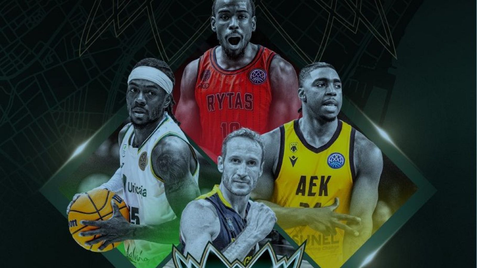 Cartel de la Final Four BCL Badalona con Marcus Foster (Rytas #10), Kendrick Perry (Unicaja #15), Akil Mitchell (AEK #24) y jugador Hapoel Jerusalem.