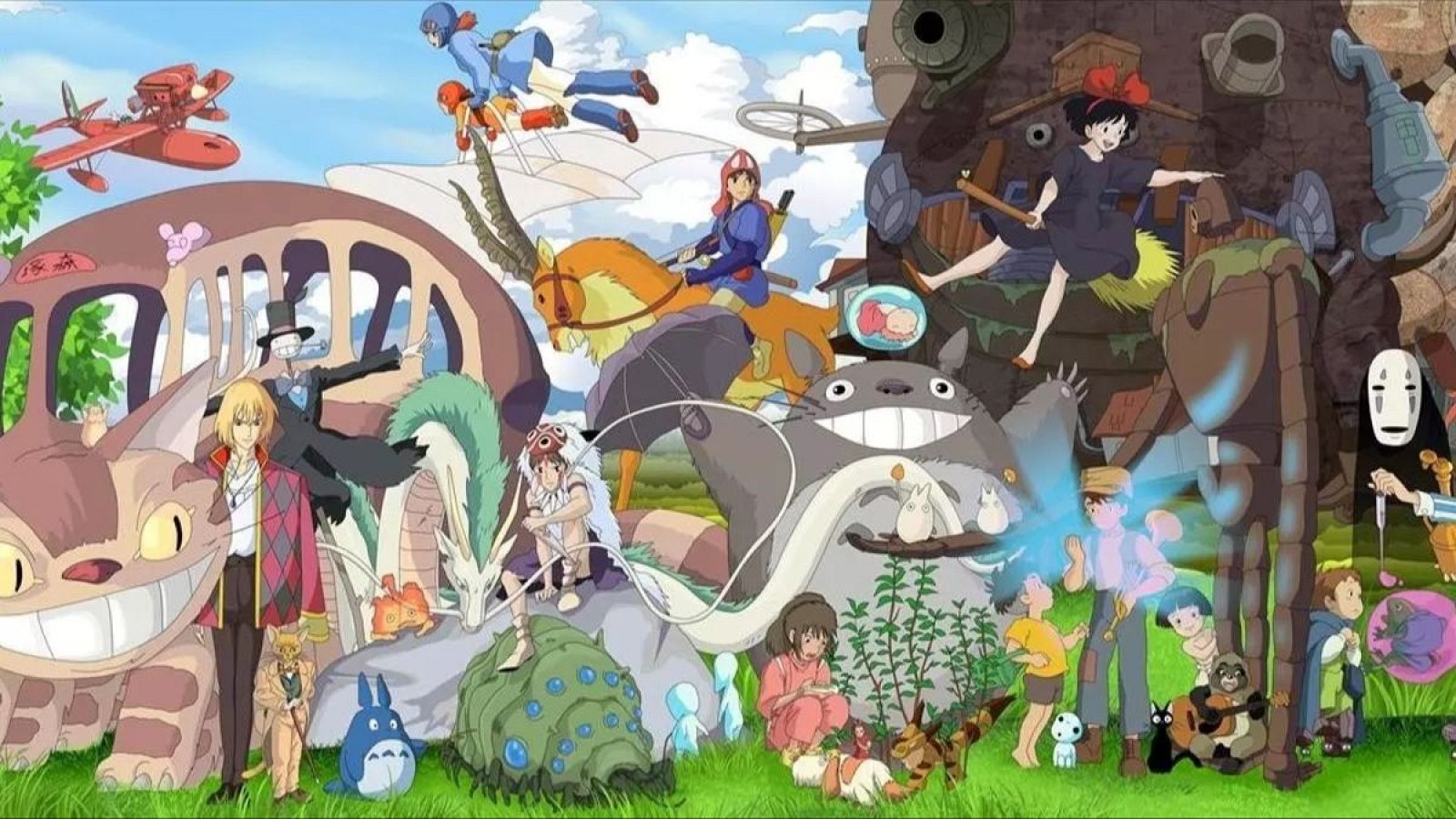 Ilustración de personajes de Studio Ghibli: Totoro, Nausicaä, Kiki, Howl, San, Chihiro, Gatobús, Haku dragón, Espíritu del Bosque, Robot Soldado, entre otros, en un paisaje colorido.
