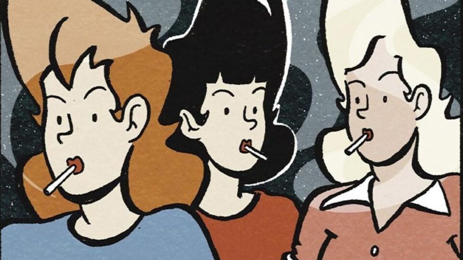 Tres mujeres de cómic con cabello castaño, negro y rubio, vestidas de azul, naranja y melocotón, sostienen objetos similares en la boca. Fondo gris oscuro.