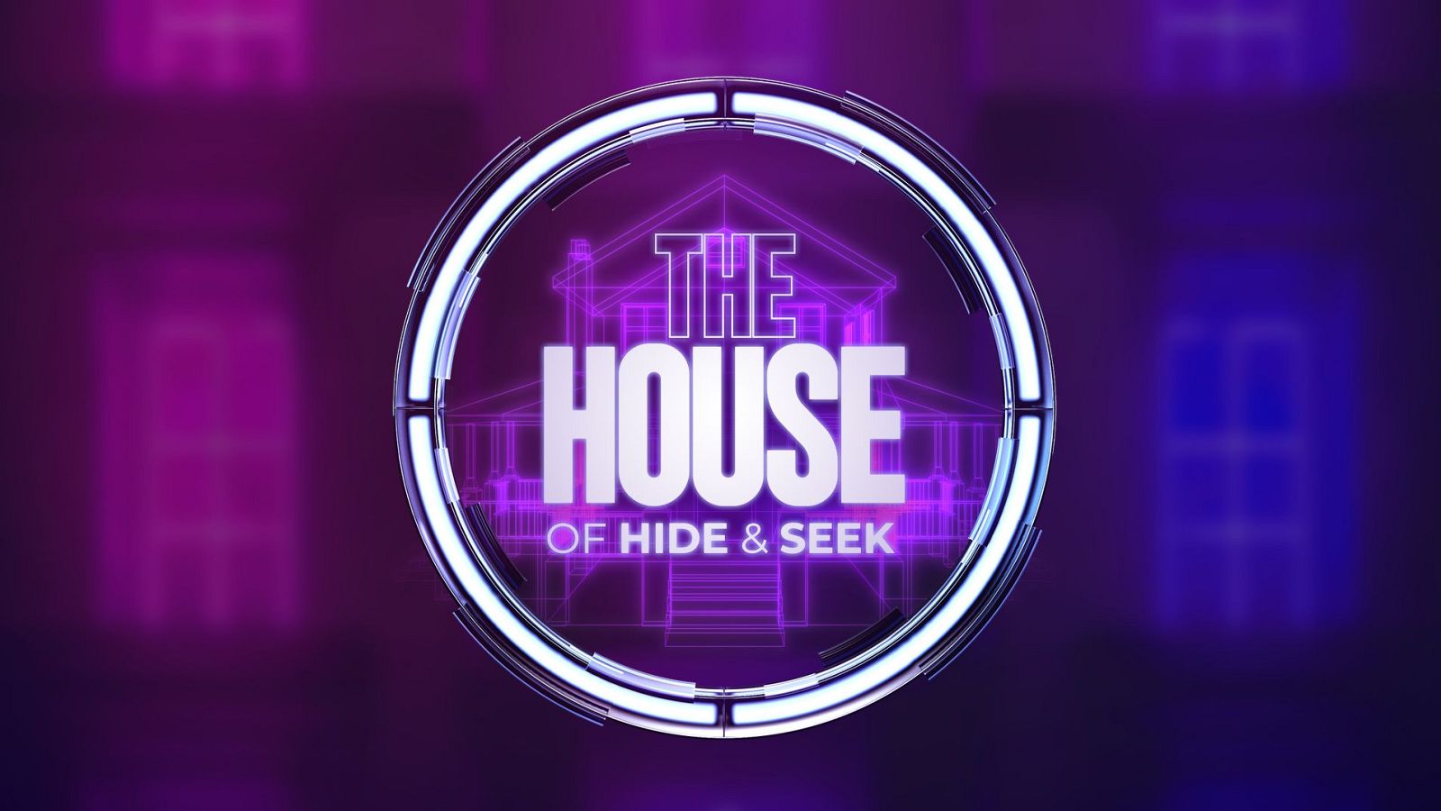 Logotipo de "The House of Hide & Seek" con un círculo central blanco y silueta de casa "wireframe" sobre fondo degradado morado-azul.