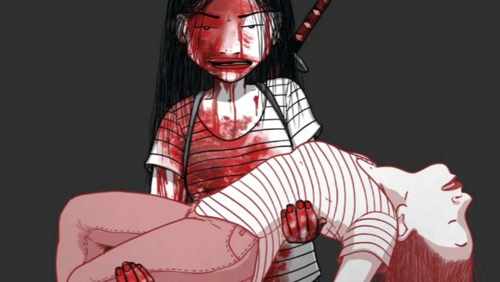 Lola Vendetta, cubierta de sangre, sostiene a una mujer inconsciente. Se vislumbra la empuñadura de una katana. La imagen transmite dramatismo y violencia.