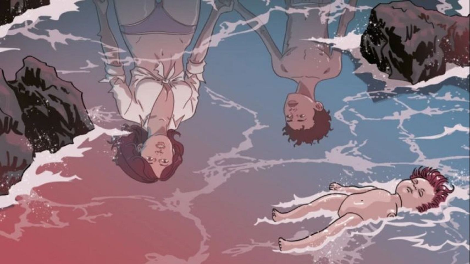 Detalle de portada de cómic con escena acuática cenital: dos jóvenes flotan serenos, un bebé de aspecto inanimado y rocas oscuras emergiendo del agua con oleaje.