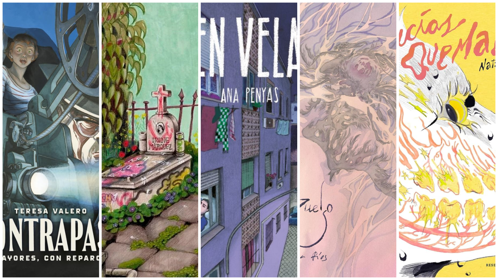 Cinco portadas de cómics españoles nominadas para Comic Barcelona 2026: "Atrapadas. Mayores, con reparo" de Teresa Valero, una obra sobre Irene Márquez, "En Vela" de Ana Penyas, "Fuego a pies" y "Precios que queman" de Nat.