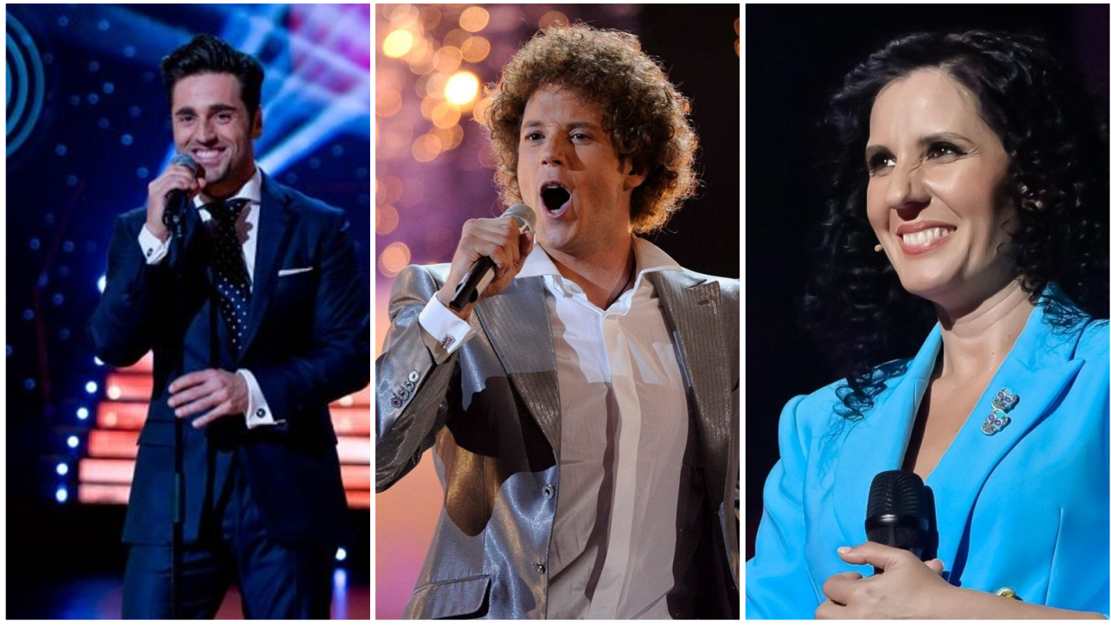 Tríptico de artistas españoles: David Bustamante, Daniel Diges y Diana Navarro, en el escenario con micrófonos, cada uno con su estilo y vestimenta.