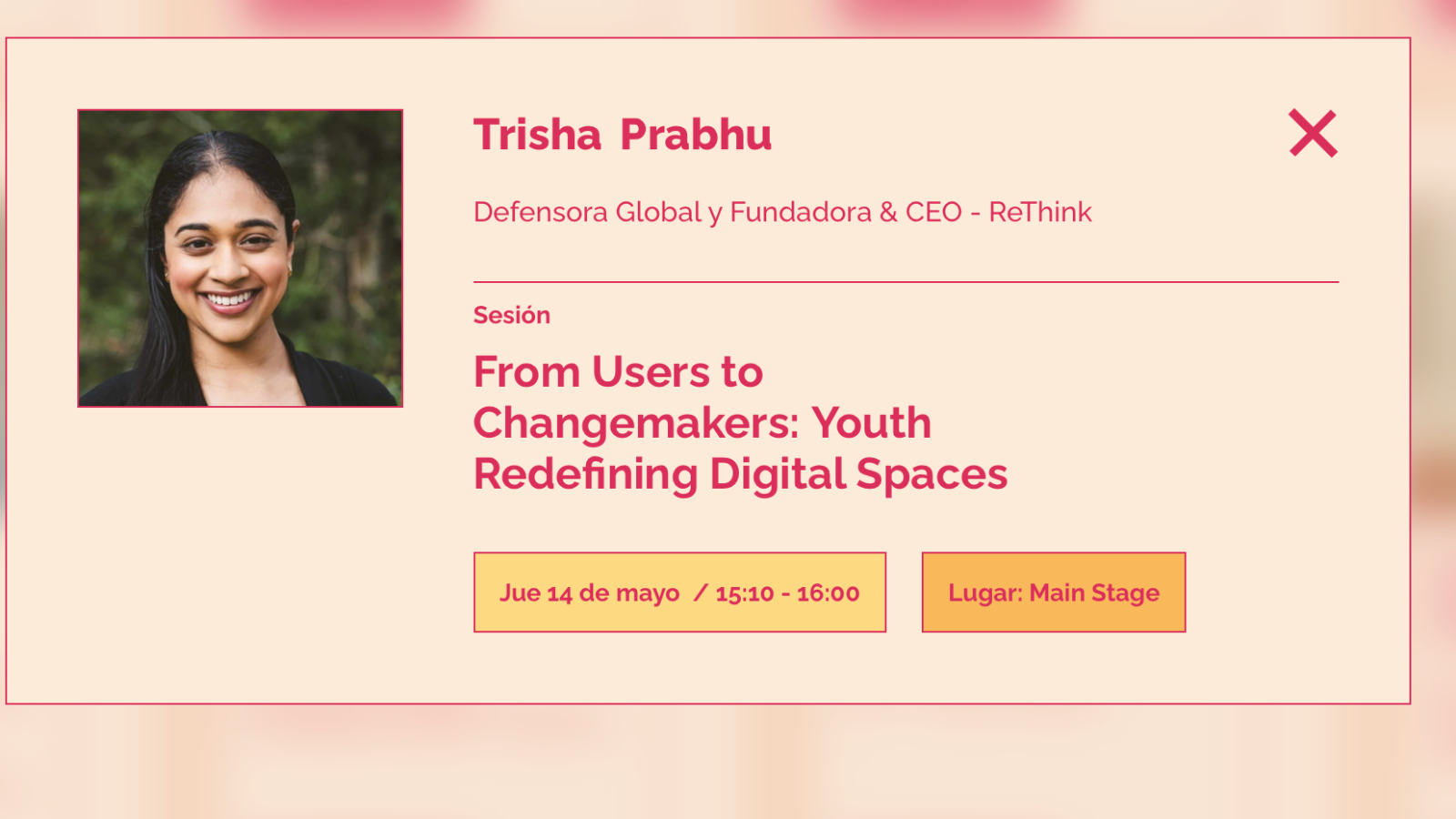 Captura de pantalla anunciando el panel de Trisha Prabhu en el primer Encuentro Internacional de Derechos Digitales de Barcelona donde se ve a la izquierda una foto de la participante