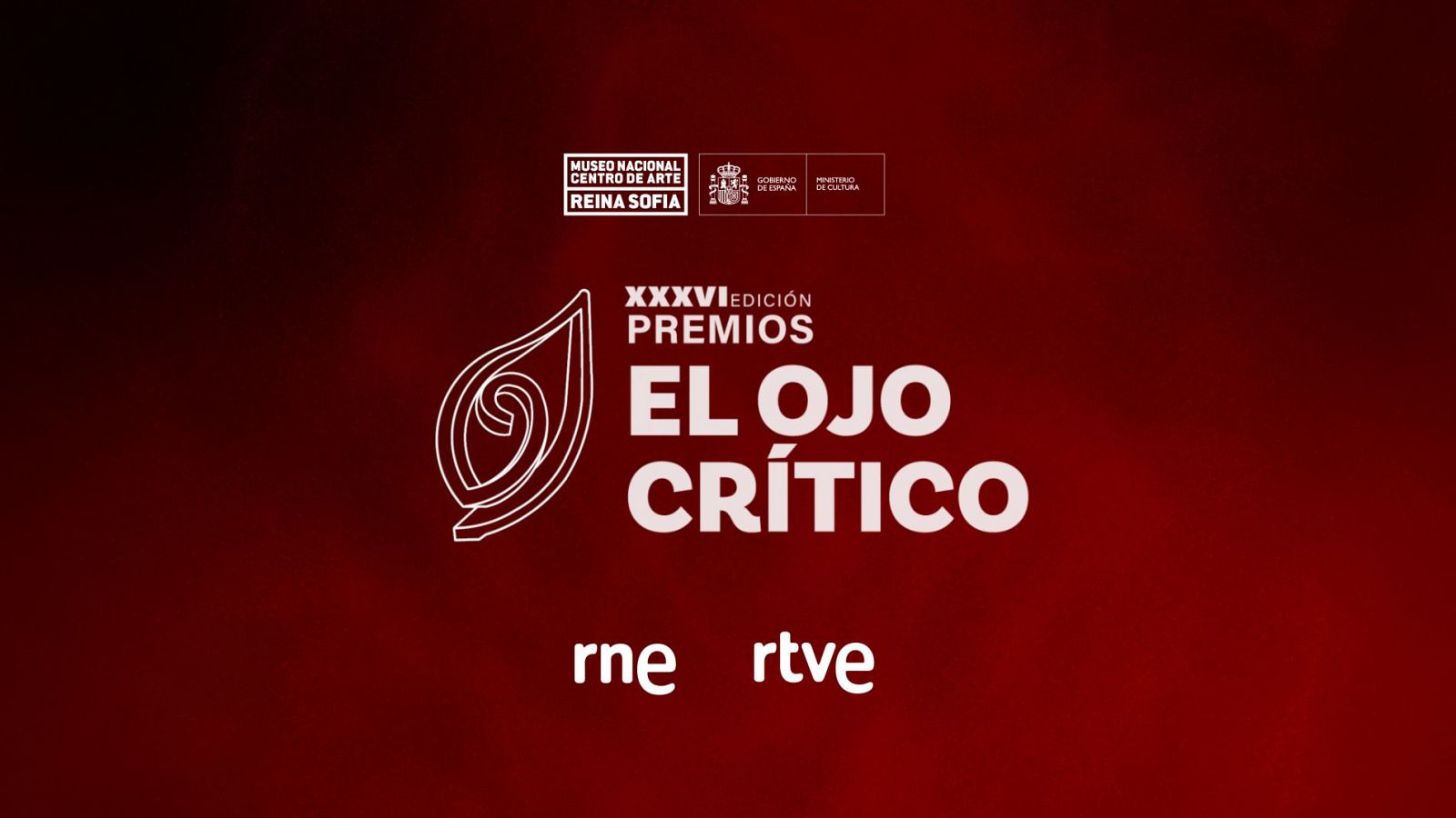 Cartel de la XXXVI Edición de los Premios El Ojo Crítico. Fondo degradado rojo-negro, textos y logotipos en blanco. Incluye escudos institucionales y logos de RNE y RTVE.