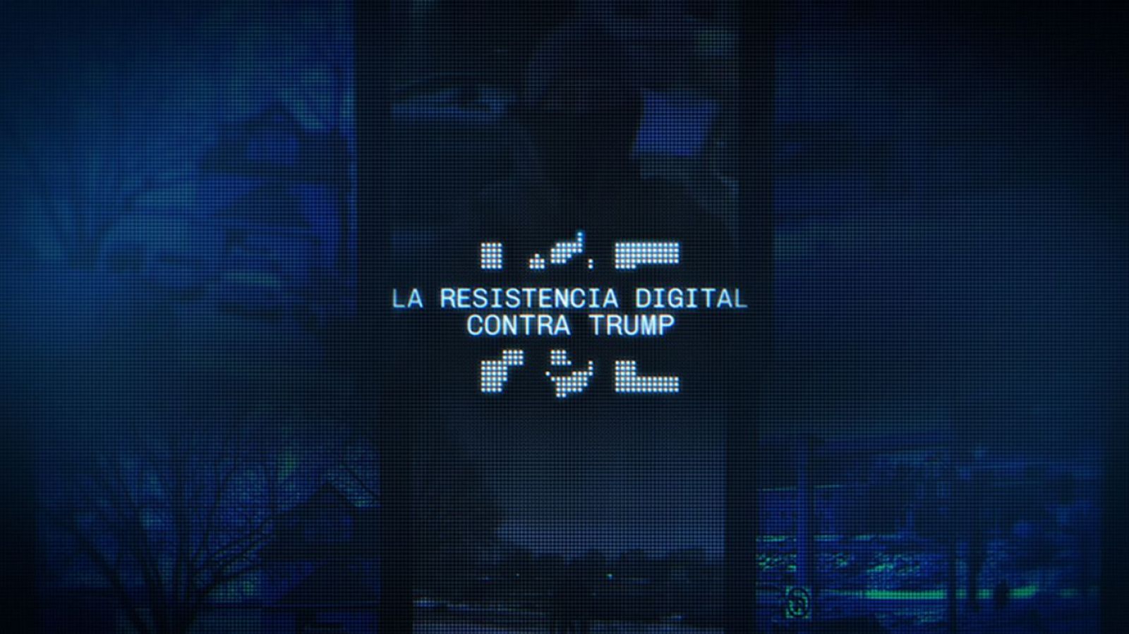 Cartel pixelado de "ICE: La Resistencia Digital Contra Trump" en tonos azules y cian, con estética de pantalla antigua. Fondo de cuadrícula digital.