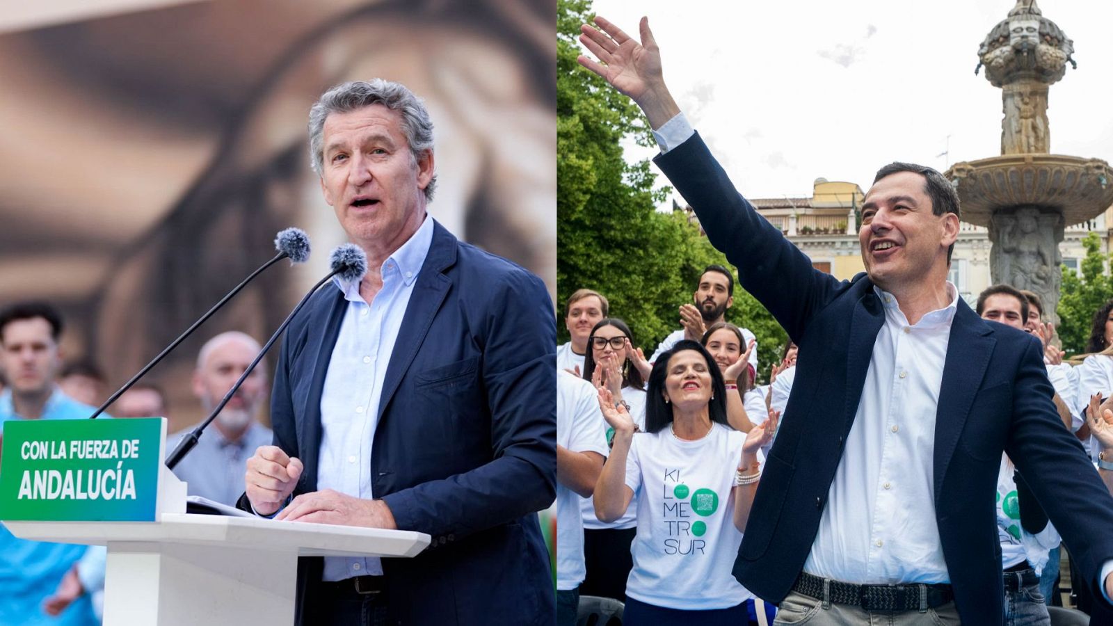 El líder del PP, Alberto Núñez Feijóo, y el candidato popular a la reelección a la Presidencia de la Junta de Andalucía, Juanma Moreno, han cerrado la campaña electoral en actos separados.
