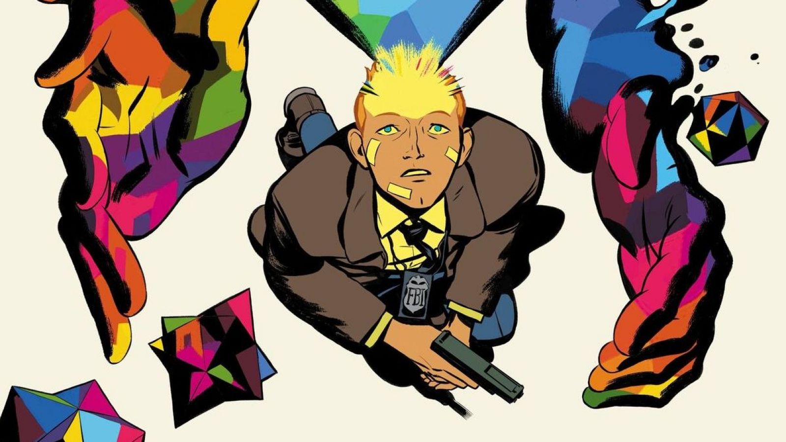 Ilustración de cómic estilo portada: hombre joven con tiritas, traje del FBI y pistola, rodeado de formas abstractas y poliedros de colores vibrantes.