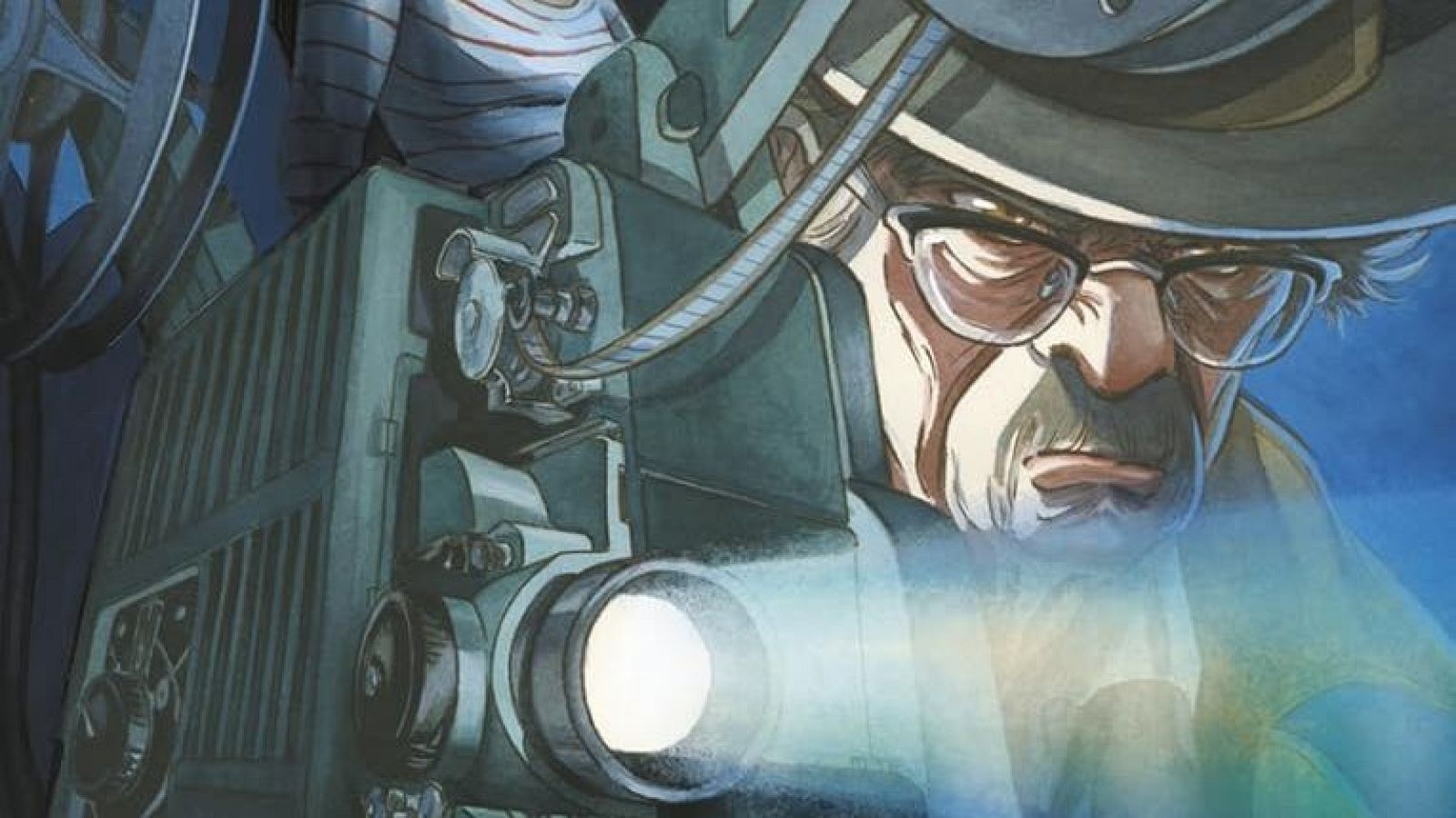Detalle de portada: Ilustración realista de hombre mayor con gafas y sombrero, operando un proyector antiguo. Colores apagados.