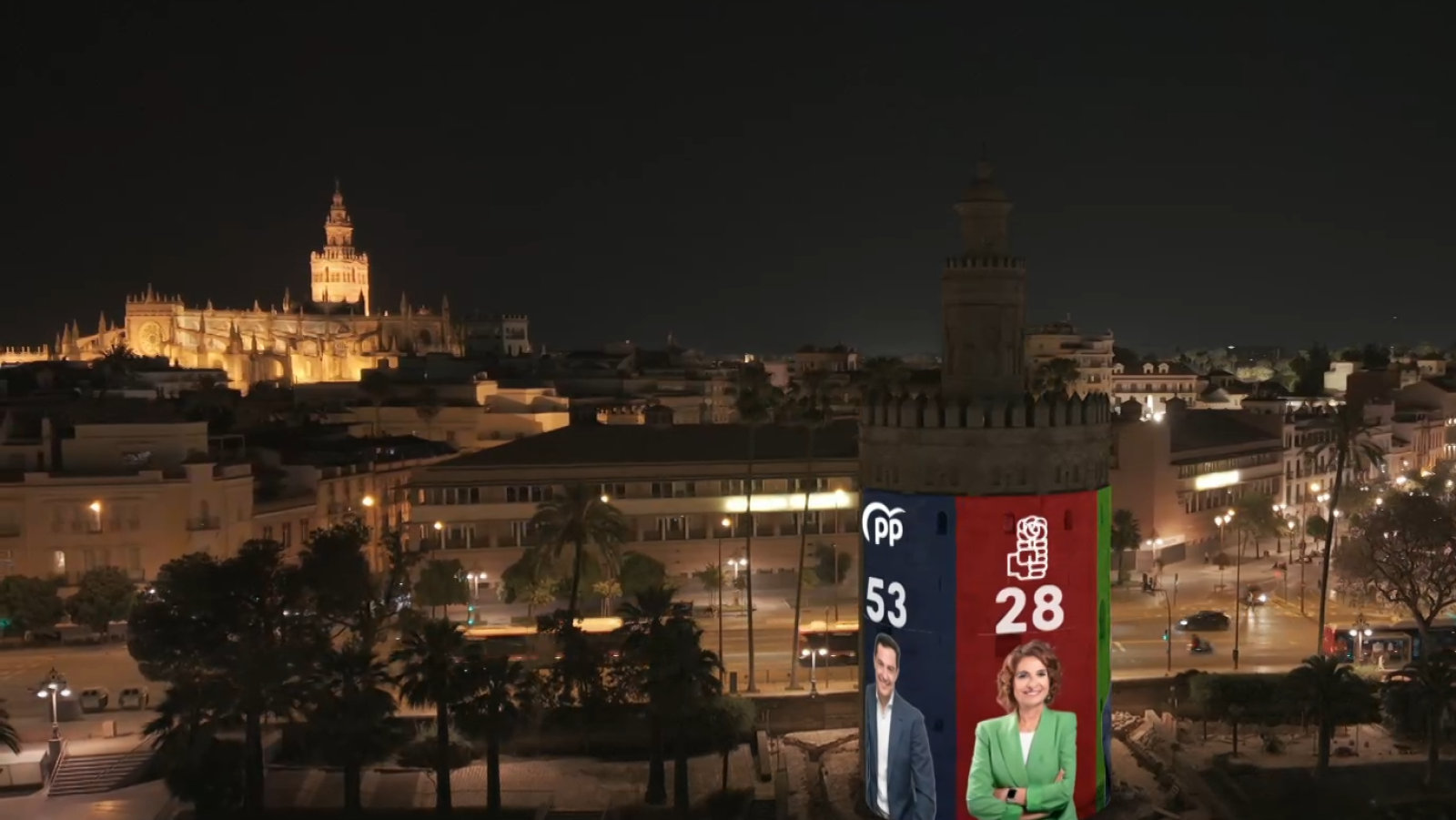 Los resultados de las elecciones en Andalucía sobre la Torre del Oro de Sevilla