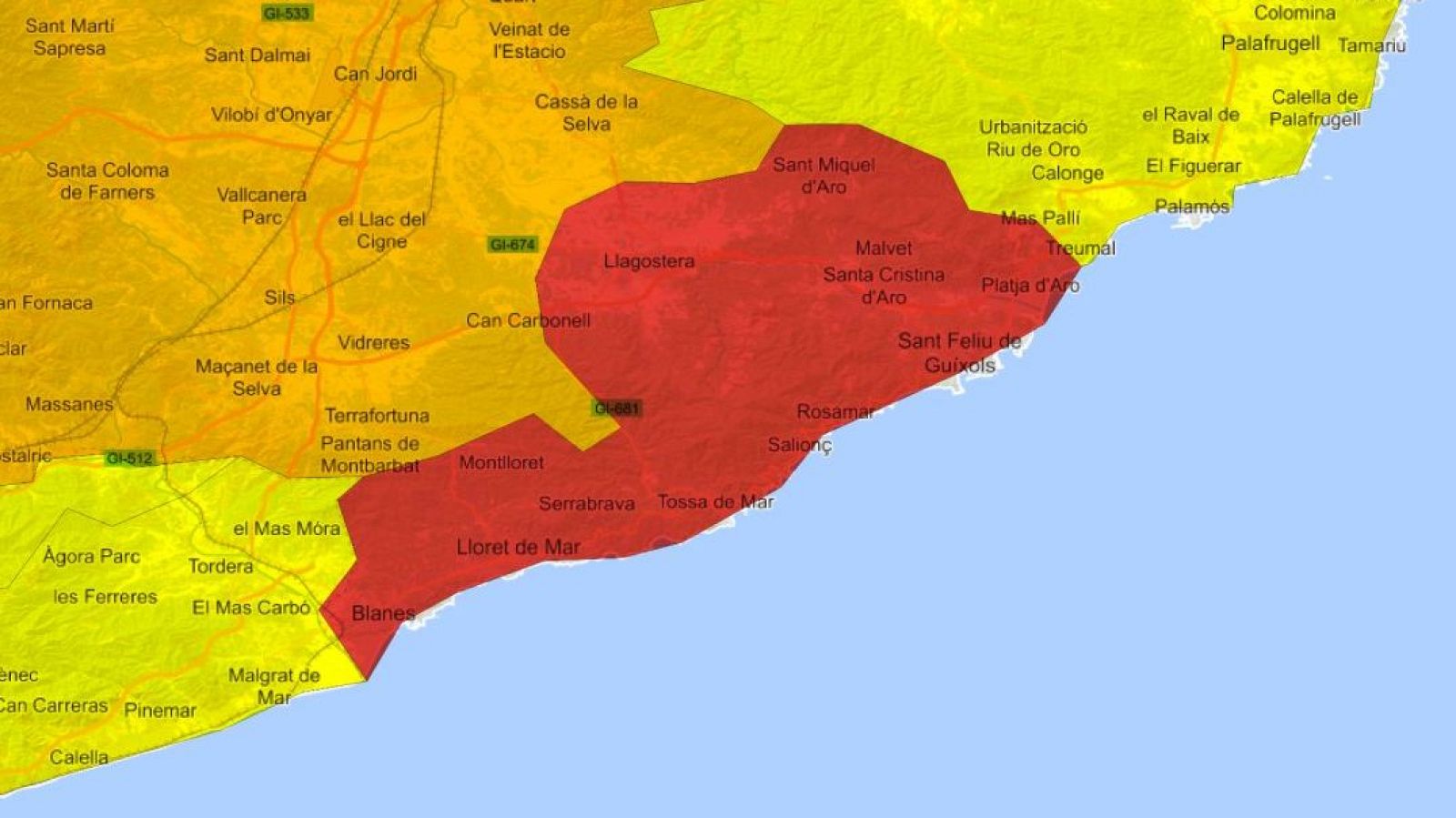 La Aemet activa el aviso rojo en el litoral sur de Girona por chubascos de intensidad torrencial