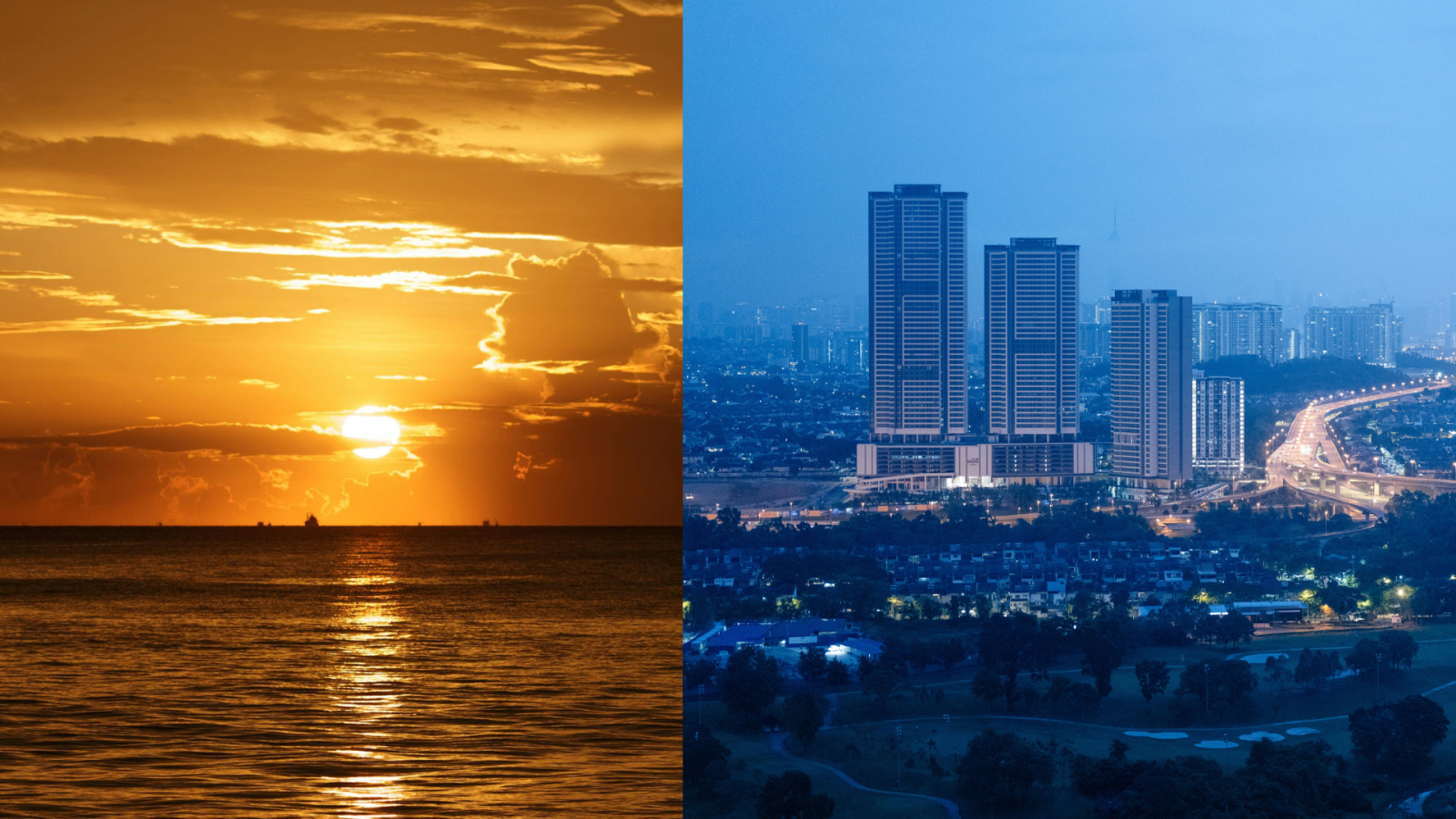 Díptico que compara la "hora dorada" con tonos cálidos y un paisaje marino, y la "hora azul" con tonos fríos y un paisaje urbano nocturno.