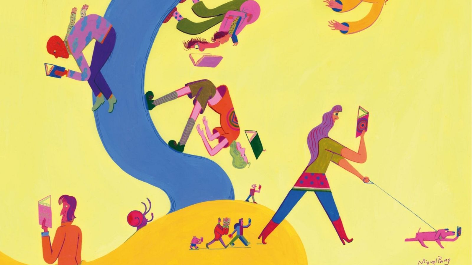 Ilustración del cartel de la 85ª Feria del Libro de Madrid por Miguel Pang: figuras coloridas leyendo en un paisaje abstracto con banda azul y colina amarilla; un perro se toma un selfie. Firma 'Miguel Pang' visible.