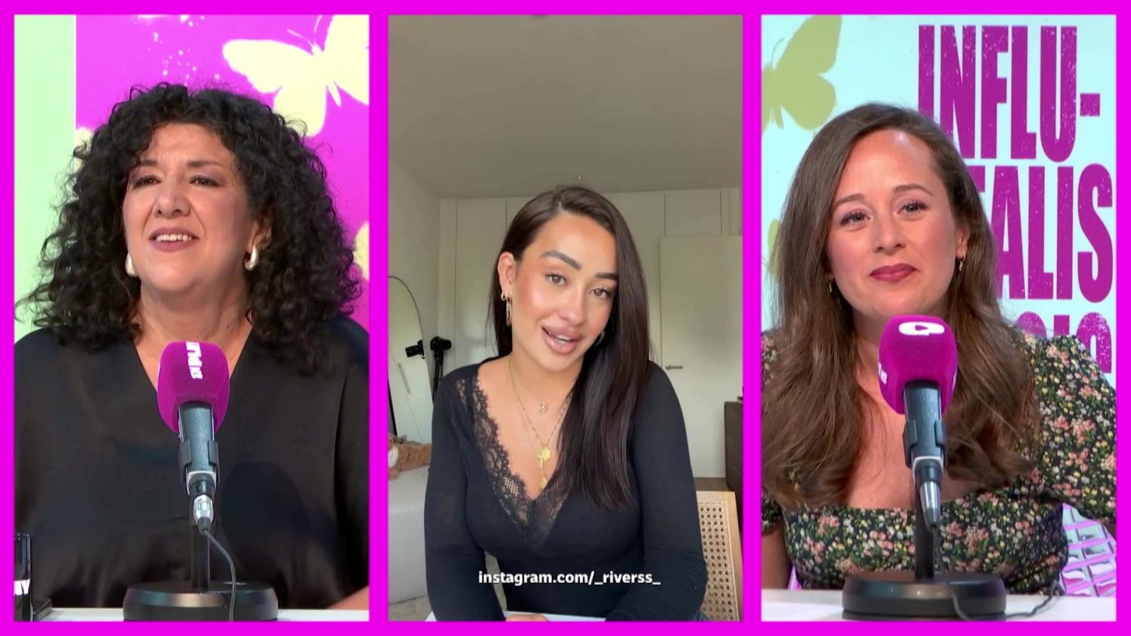 Tres mujeres, Gema Gómez, Rivers (Samara Rivera) y Lorena Macías, aparecen en un formato de pantalla dividida, cada una con un micrófono, sugiriendo una entrevista o debate en el programa 'INFLU-REALISMO MÁGICO'.