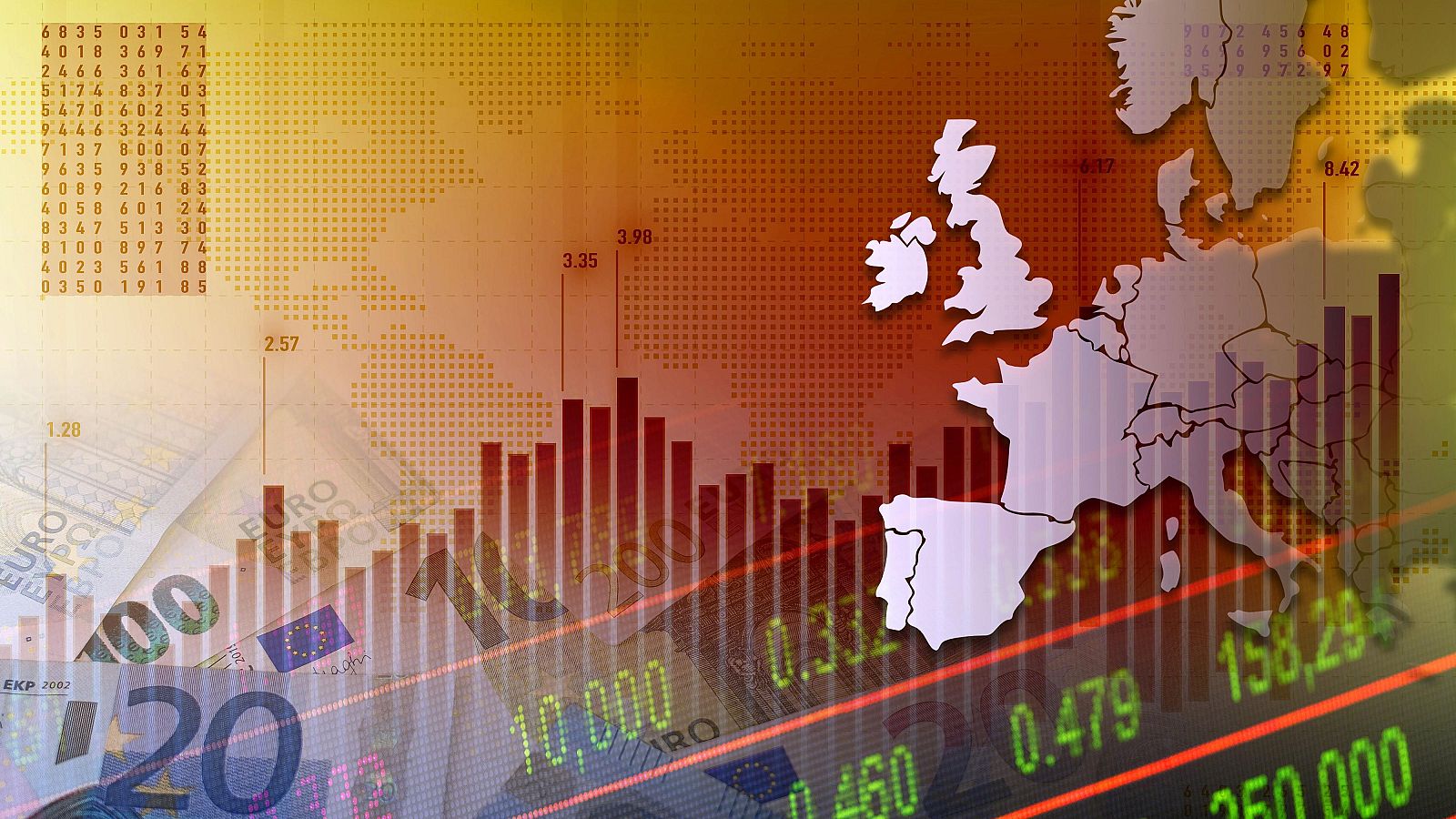 Representación abstracta de la economía europea con mapa, billetes de euro, gráficos de barras y datos numéricos, evocando dinamismo y actividad financiera.