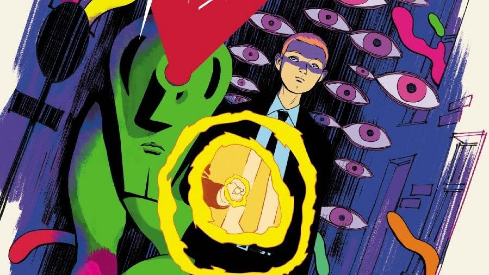 Ilustración de cómic con el Detective Marciano verde y un hombre joven con traje y halo de energía amarilla, sobre un fondo psicodélico con ojos flotantes.