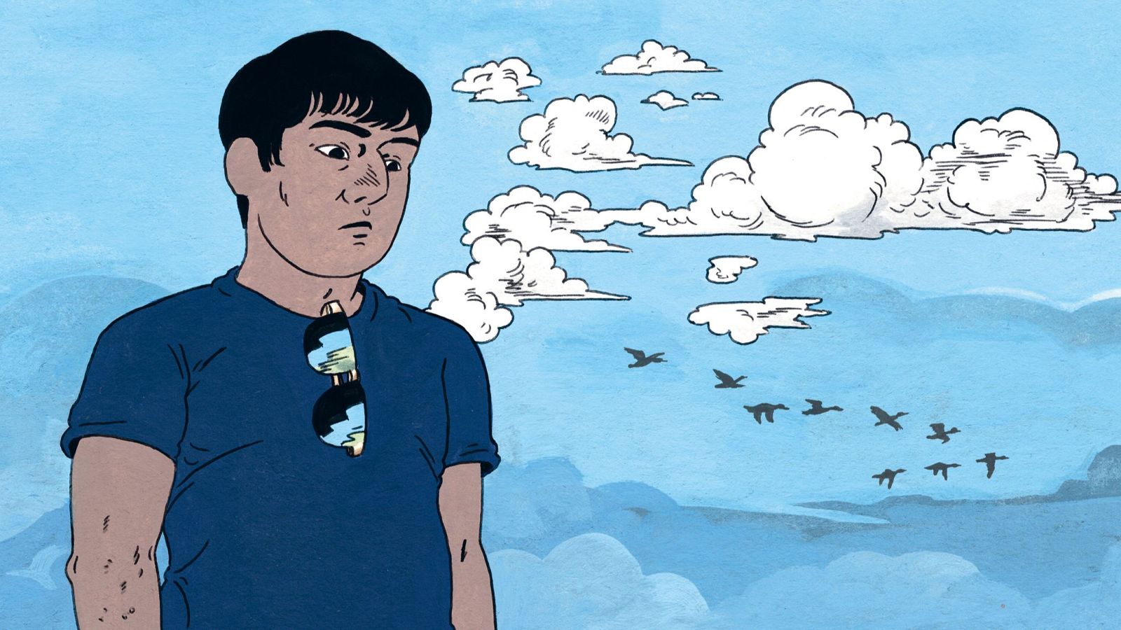 Moheeb, protagonista de cómic europeo, con pelo oscuro y gafas de sol, mira pensativo un cielo azul con nubes y aves.