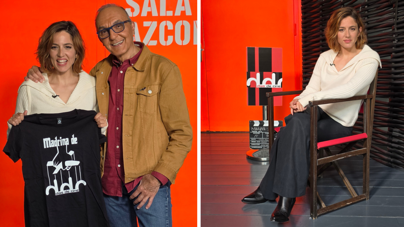 Díptico en estudio de TV: Marina Salas y Gerardo Sánchez sonrientes, ella con camiseta "Madrina de ddd días de cine". En el otro panel, Marina sentada con claqueta "MALVA" y logo "ddd días de cine".