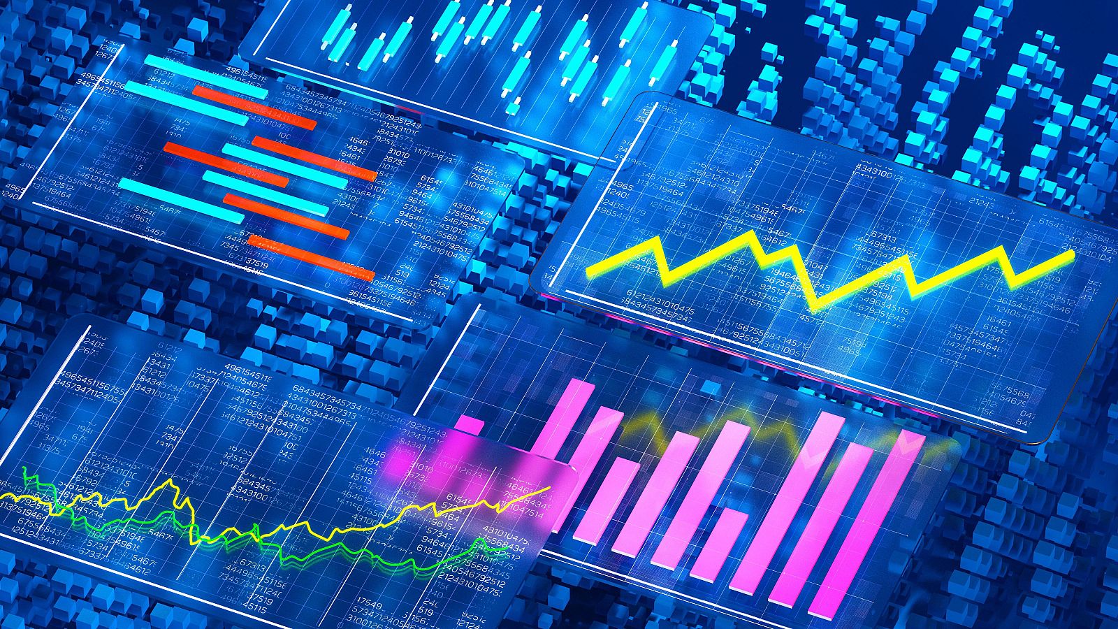 Visualización abstracta de datos financieros con gráficos de barras y líneas en tonos azules, naranjas, amarillos, verdes y rosas sobre un fondo tecnológico de cuadrícula y códigos digitales.