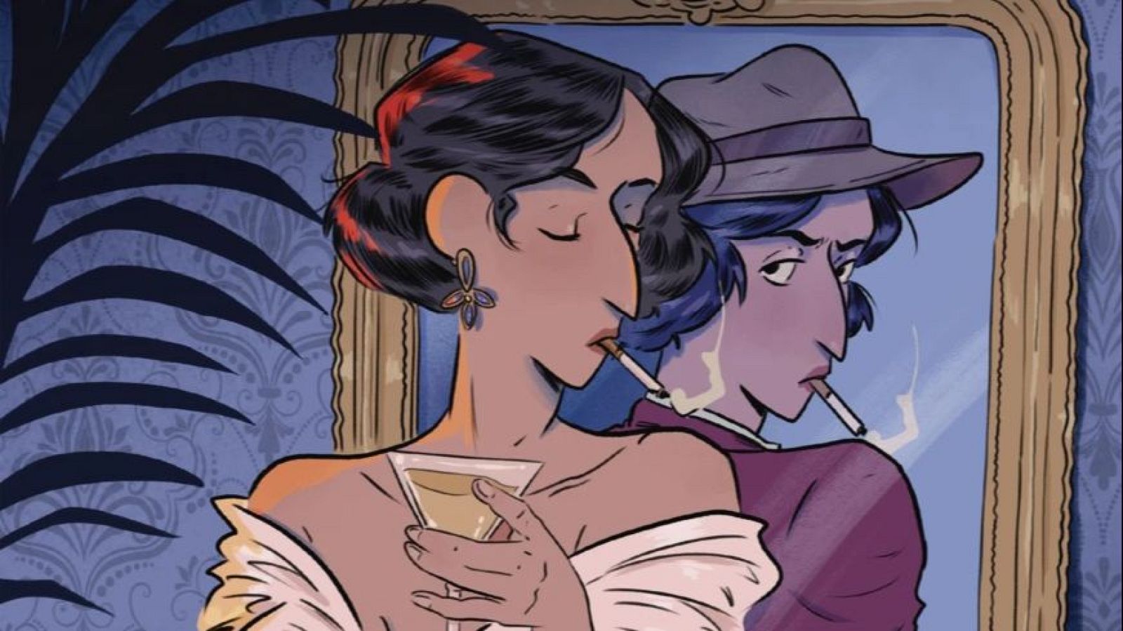 Ilustración de portada de cómic con una mujer elegante y su reflejo andrógino y vigilante, rodeados de un fondo oscuro y misterioso.