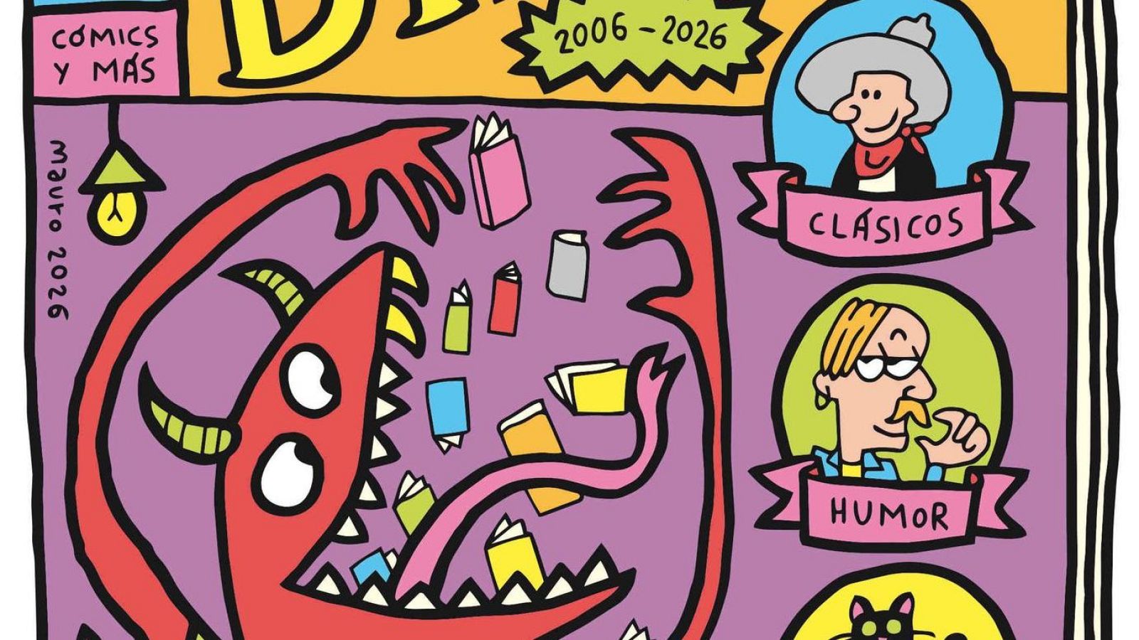 Cartel de Mauro Entrialgo para el 20 aniversario de Diábolo Ediciones (2006-2026), con una criatura monstruosa, libros y secciones de "CLÁSICOS" y "HUMOR".