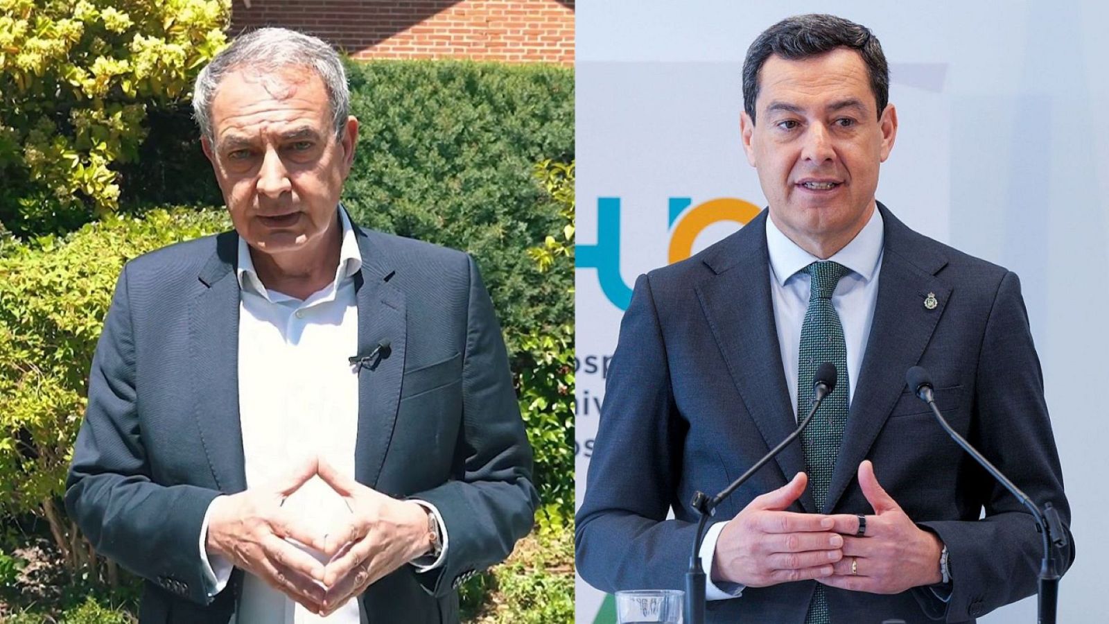 José Luis Rodríguez Zapatero y Juan Manuel Moreno Bonilla, ambos políticos españoles, aparecen en una composición dividida. Zapatero en un entorno exterior y Moreno Bonilla frente a un panel con un logotipo.