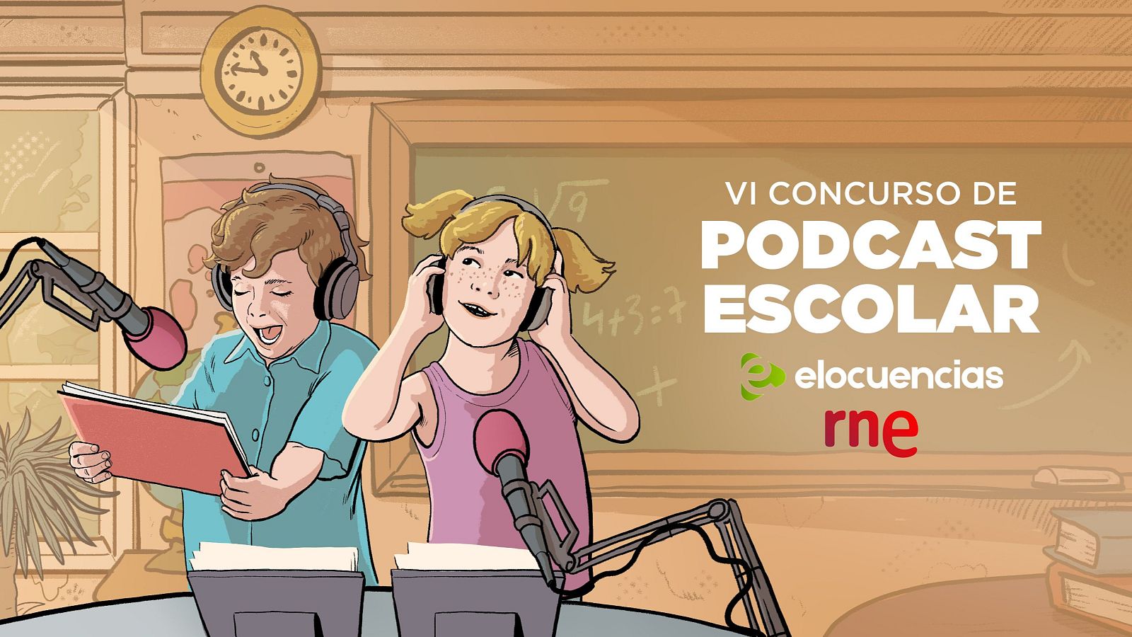 Cartel del VI Concurso de Podcast Escolar con niños grabando, organizado por Elocuencias y RNE. Incluye pizarra con ecuaciones y elementos de estudio.