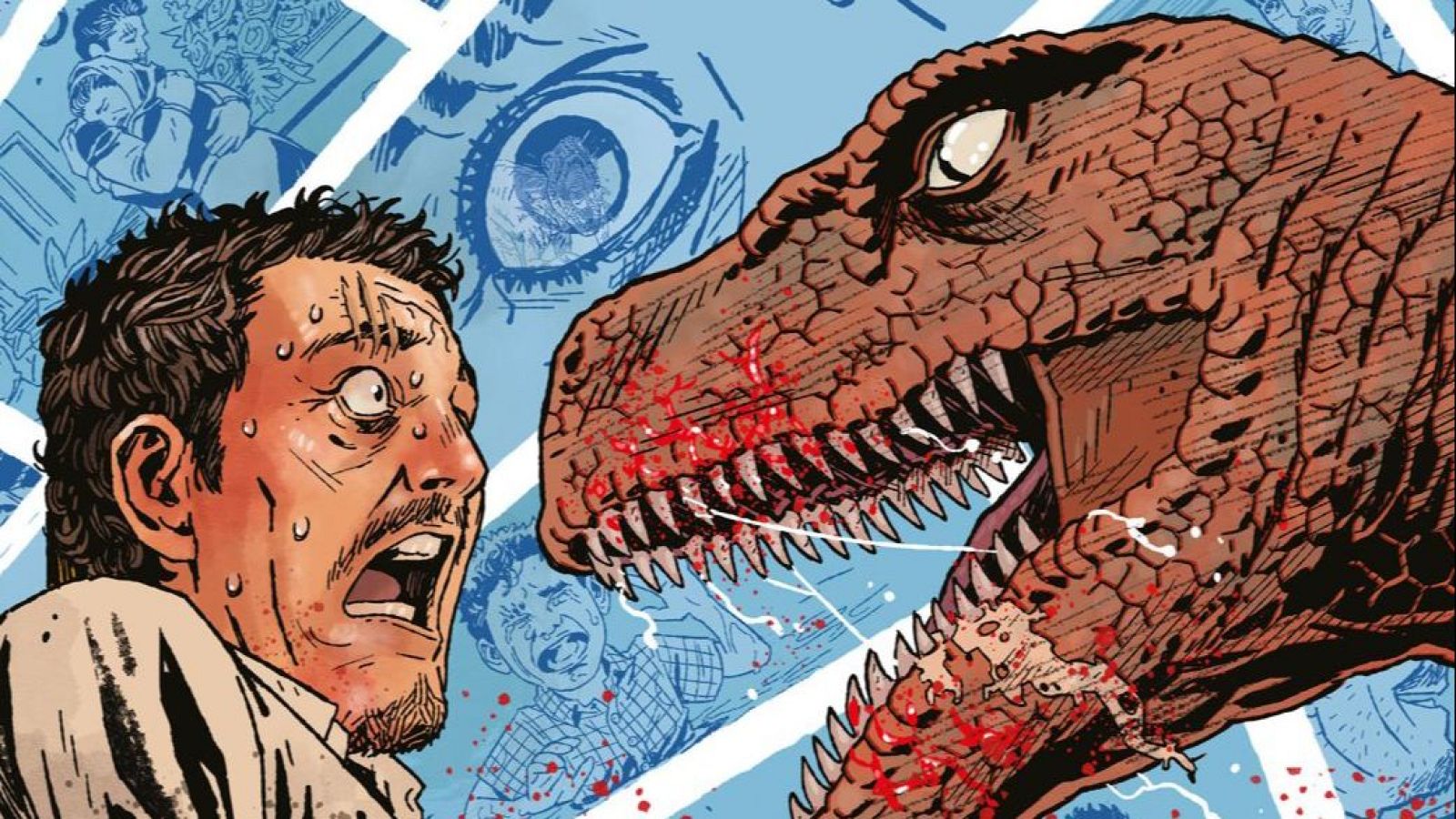 Hombre en pánico ante un dinosaurio con sangre en la boca. Fondo azul con escenas de familia y un niño llorando. Estilo cómic.