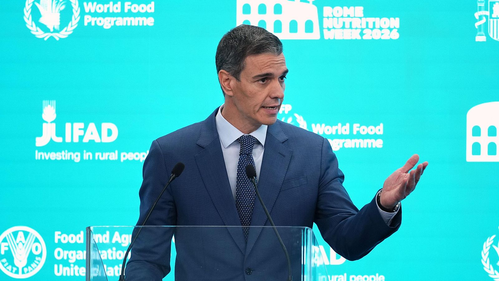 El presidente del Gobierno, Pedro Sánchez, interviene este martes en un acto de la FAO en Roma.