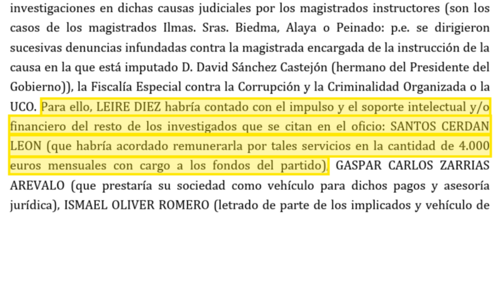 Captura del auto donde se relata que Santos Cerdán acordó con Leire Díez remunerarla por sus servicios con 4.000 euros al mes con cargo a los fondos del partido.