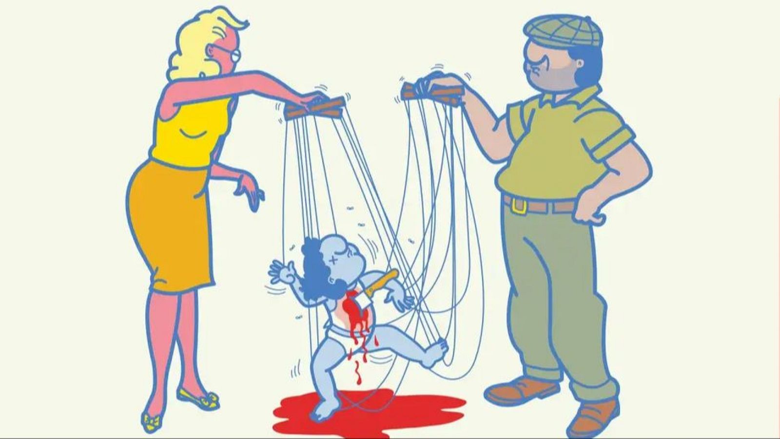 Bebé azul manipulado por adultos con hilos, herido de muerte por un cuchillo. Escena metafórica de manipulación y consecuencias destructivas.