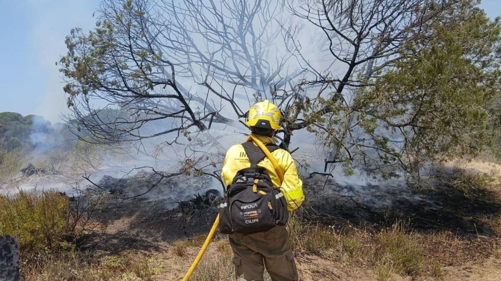 Bombero forestal trabajando para extinguir el incendio en Doñana