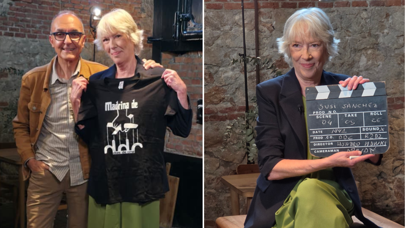 Susi Sánchez, madrina de 'Días de cine', aparece en dos fotos: una sosteniendo una camiseta promocional y otra con una claqueta que lleva su nombre y referencias cinematográficas.