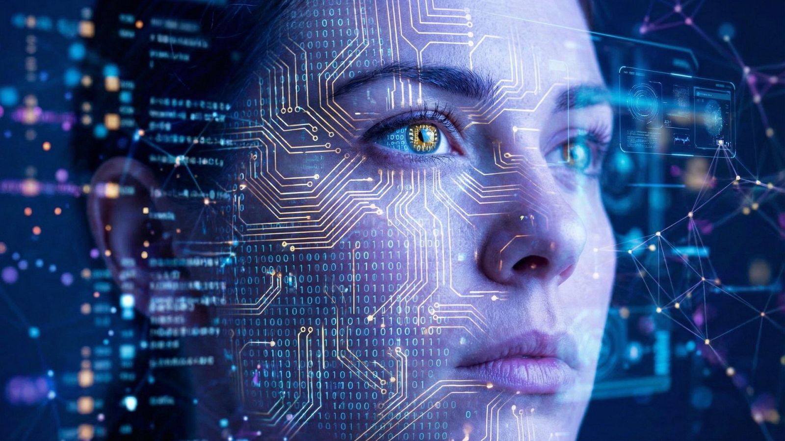 Rostro humano fusionado con tecnología: circuitos dorados, código binario azul y un ojo digital ámbar, rodeado de interfaces holográficas en un fondo oscuro.
