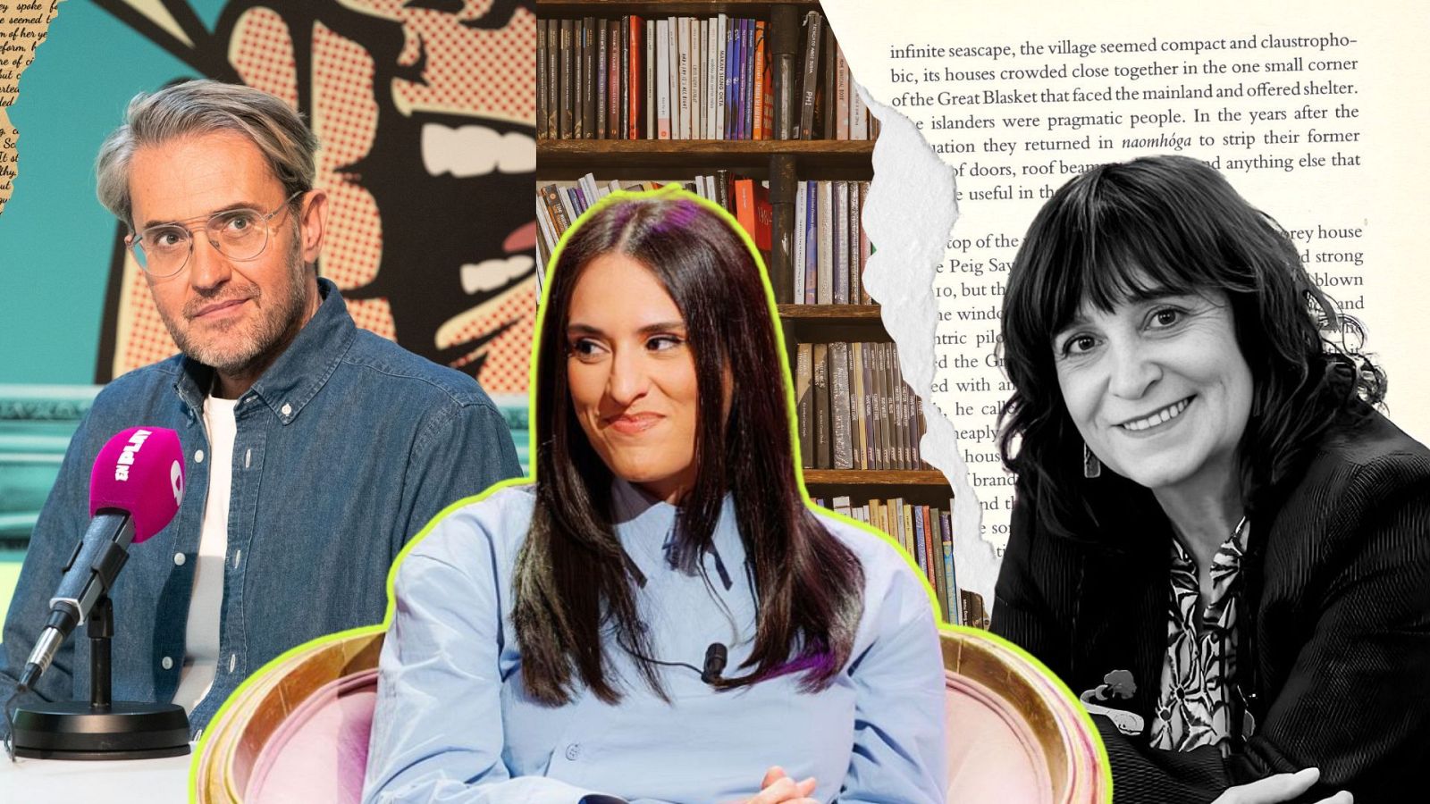 Montaje promocional con Máximo Huerta, Lucía Solla Sobral y Rosa Montero, rodeados de elementos gráficos y una estantería de libros, sugiriendo un evento de podcast literario.