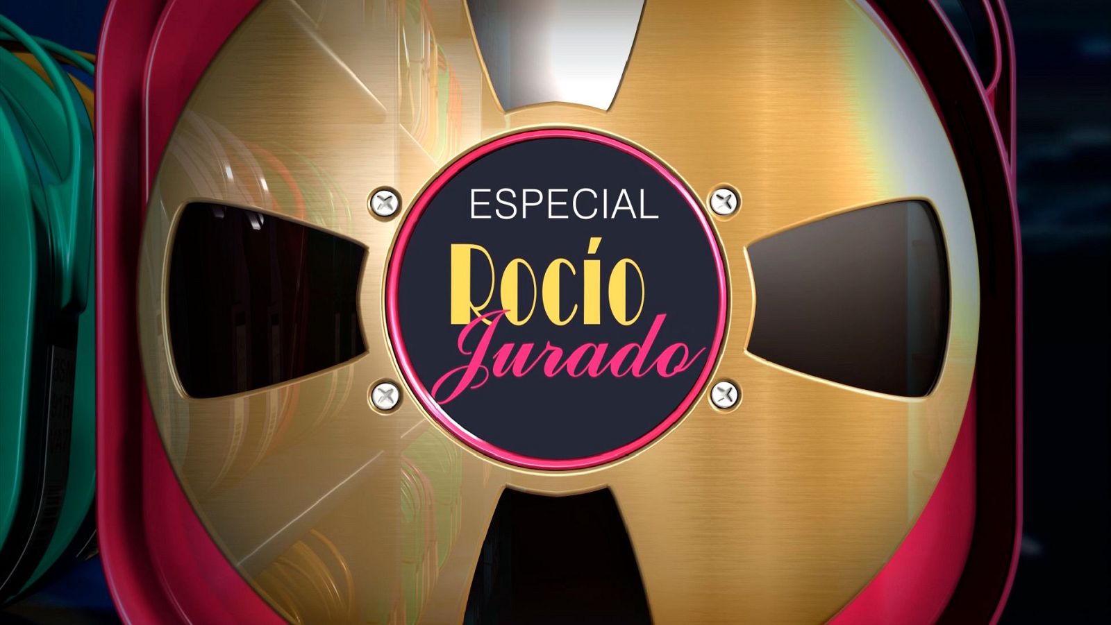 Carrete dorado con "ESPECIAL Rocío Jurado" en rosa y amarillo, sobre fondo oscuro. Homenaje a la artista.