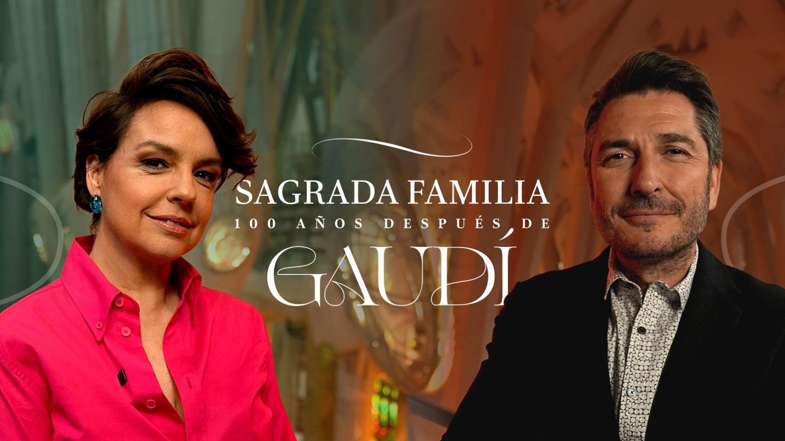 Gráfico promocional con Cristina Villanueva y Carlos del Amor para el documental 'Sagrada Familia, 100 años después de Gaudí'.